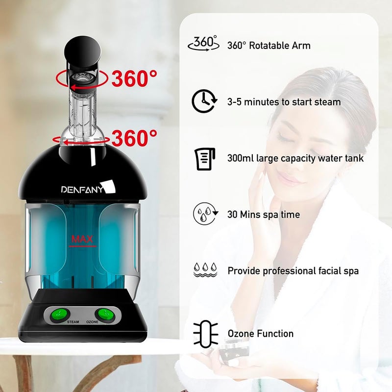 DENFANY Facial Steamer - Nano Ionic Face Steamer with Extendable 360° Rotating Arm - Portable Facial Steamer for Personal Care at Home or Salo (Black) - Image 5